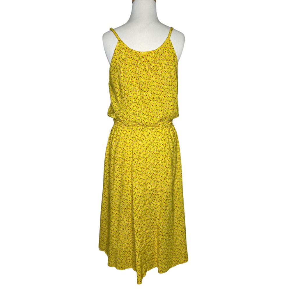 Vintage 70s Yellow Ditsy Floral Print Midi Dress Sleeveless Casual Sundress